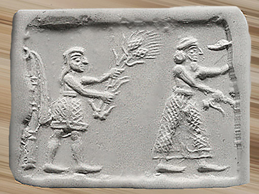 D'après une scène de culte à Inanna, déesse de la Fertilité, souverain coiffé du serre-tête royal et assistant chargé d'offrandes végétales, Uruk, vers 3200 avjc, Irak actuel, Mésopotamie. (Marsailly/Blogostelle)