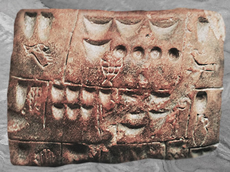 D’après une tablette pictographique, argile, Uruk, 3700-2850 avjc, Irak actuel, Mésopotamie. (Marsailly/Blogostelle)