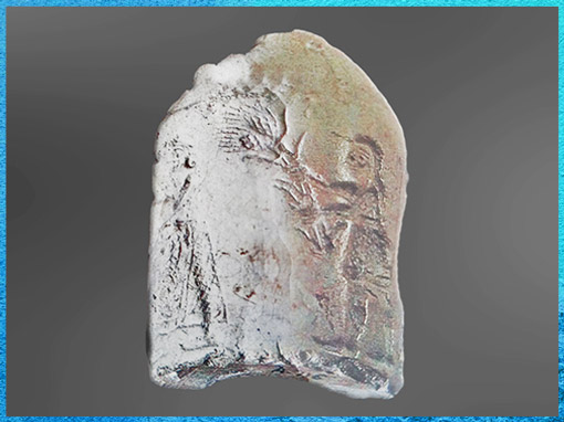 D'après un sceau-cylindre, scène d'offrande végétale à Inanna, calcaire, époque d'Uruk, vers 3300-2500 avjc, Mésopotamie. (Marsailly/Blogostelle)