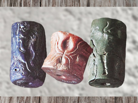 D'après des sceaux - cylindres, lapis-lazuli, cornaline et jaspe, 3300-2500 avjc, Mésopotamie. (Marsailly/Blogostelle)
