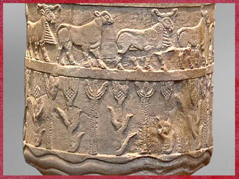D'après le grand vase d’Uruk à libation, culte d'Inanna, albâtre, bas-reliefs, fleuves, végétation et troupeau de moutons, Uruk, 3500-3000 avjc, Irak actuel, Mésopotamie. (Marsailly/Blogostelle)