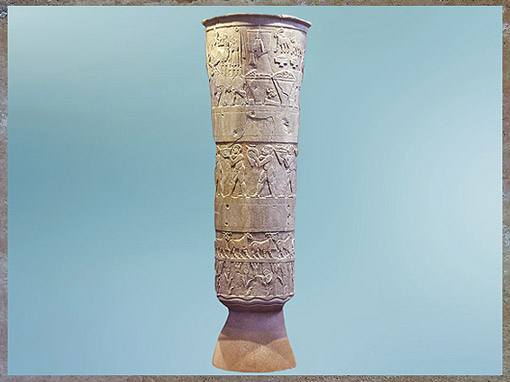 D'après le grand vase d’Uruk à libation, culte d'Inanna, albâtre, bas-reliefs en registres, temple d'Inanna, Uruk, 3500-3000 avjc, Irak actuel, Mésopotamie. (Marsailly/Blogostelle)