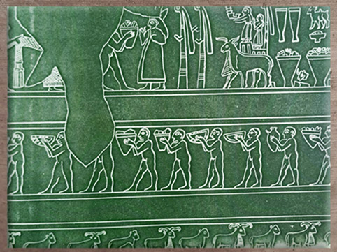 D'après le culte d'Inanna, scène cultuelle et procession, graphisme, grand vase d’Uruk à libation, albâtre, 3500-3000 avjc, Irak actuel, Mésopotamie. (Marsailly/Blogostelle)