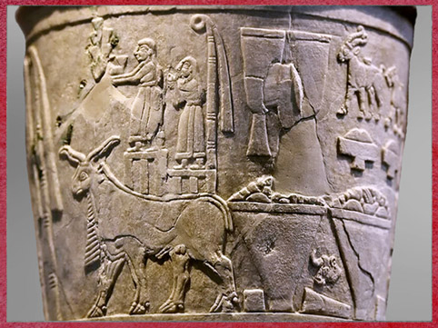 D'après le grand vase d’Uruk à libation, culte d'Inanna, bas-reliefs, registre supérieur, enclos sacré, albâtre, temple d'Inanna, Uruk, 3500-3000 avjc, Irak actuel, Mésopotamie. (Marsailly/Blogostelle)