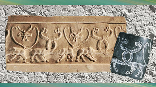 D’après une frise d'animaux fantastiques, empreinte de sceau sumérien, argile, Uruk, 3500-3000 avjc, Mésopotamie. (Marsailly/Blogostelle)