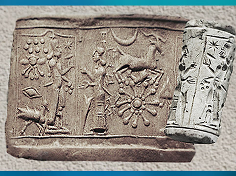 D’après une épiphanie céleste, divinités, Lune, Soleil, étoiles, sceau-cylindre, calcaire, et empreinte, argile, Uruk, 3500-3000 avjc, Mésopotamie. (Marsailly/Blogostelle)