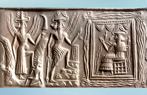 D’après les dieux Shamash et Ea sur son trône, empreinte de sceau, Ur, vers 2300 avjc, période d’Agadé (Akkad), fin IIIe millénaire avjc, Mésopotamie. (Marsailly/Blogostelle)