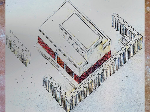D’après le temple aux mosaïque de cônes, Eanna, sanctuaire d’Inanna, Uruk, seconde moitié du IVe millénaire avjc, reconstitution graphique R. Villa, Mésopotamie. (Marsailly/Blogostelle)