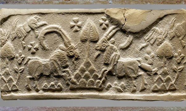 D’après deux ibex dans la montagne, empreinte de sceau, Suse, proto-élamite, 3100 -2600 avjc, Élam, Orient ancien. (Marsailly/Blogostelle)
