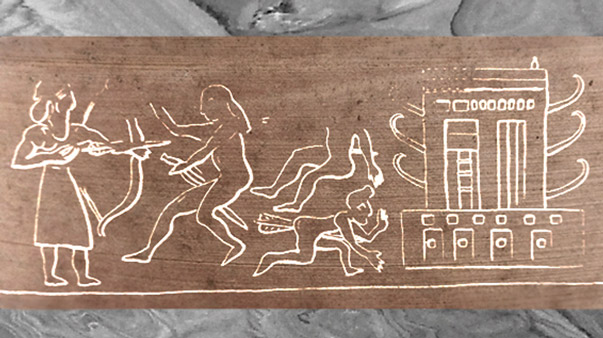 D'après un roi au combat et temple, empreinte de sceau, époque d’Uruk, vers 3300 avjc, Suse, Élam, Orient ancien. (Marsailly/Blogostelle)