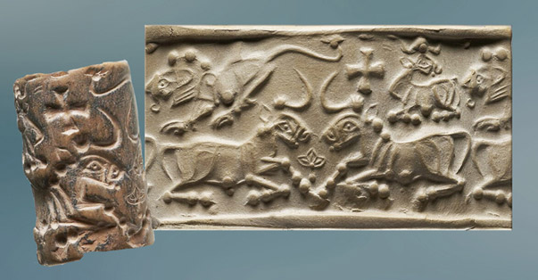 D'après des taureaux affrontés, sceau-cylindre, marbre, et empreinte de sceau, argile, Suse, proto-élamite, 3100 -2600 avjc, Élam, Orient ancien. (Marsailly/Blogostelle)