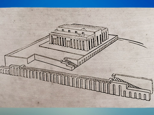 D'après le temple sumérien de Tell-Uqair à double terrasse, vers 3300 avjc, actuel Irak, Mésopotamie. (Marsailly/Blogostelle)