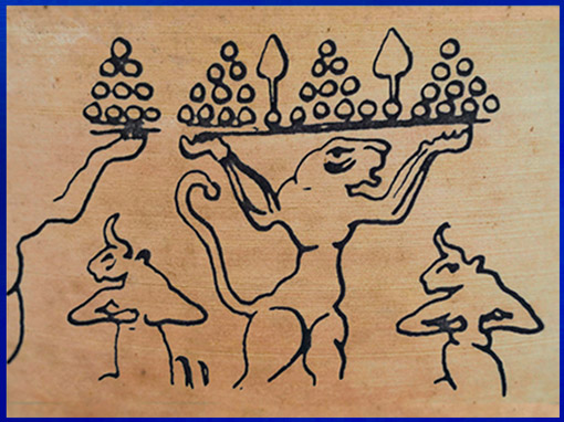 D'après une lionne-atlante et taureaux, graphisme proto-élamite, empreinte de sceau, 3100 - 2850 avjc, Élam, Orient ancien. (Marsailly/Blogostelle)