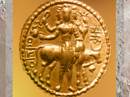 D'après le dieu hindou Shiva et sa monture, le taureau Nandi, monnaie en or, Ier-IIIe siècle, époque Kushana, Uttar Pradesh, Nord, Inde ancienne. (Marsailly/Blogostelle)