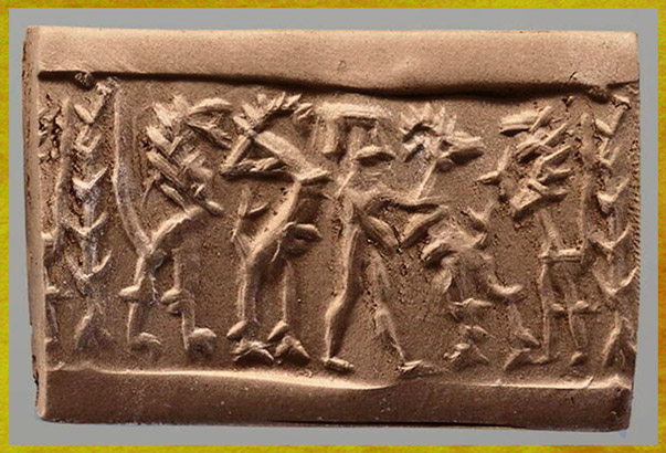 D’après un "maître des animaux" ou héros, nu entre deux caprinés attaqués par des lions, empreinte de sceau, Suse, 2340 - 2200 avjc, période des dynasties archaïques, Élam, Orient ancien. (Marsailly/Blogostelle)