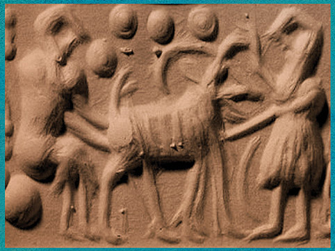 D’après une scène d'élevage, traite et nourriture, empreinte de sceau-cylindre, argile, trésor du Vase à la cachette, acropole de Suse, vers 2450 avjc, Élam, Iran actuel, Orient ancien. (Marsailly/Blogostelle)