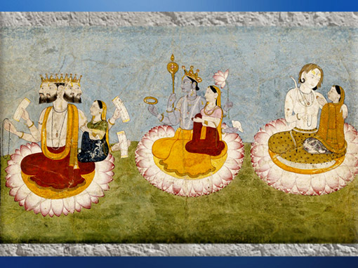 D'après La Trimurti hindoue, Brahmâ, Vishnu et Shiva, et leurs et parèdres Sarasvatî, Lakshmî et Parvatî, 1770, artistes locaux, Guler, Himachal Pradesh. Inde ancienne. (Marsailly/Blogostelle)