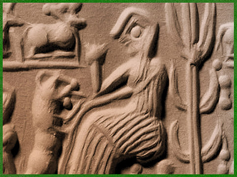 D’après une scène d'élevage, personnage assis vêtu du kaunakès, empreinte de sceau-cylindre, argile, trésor du Vase à la cachette, acropole de Suse, vers 2450 avjc, Élam, Iran actuel, Orient ancien. (Marsailly/Blogostelle)