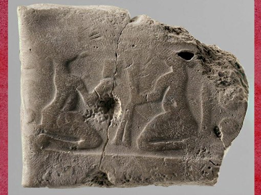 D’après deux animaux faisant des comptes, attitude humaine, empreinte de sceau, terre cuite,  Suse, proto-élamite, 3100 -2600 avjc, Élam, Orient ancien. (Marsailly/Blogostelle)