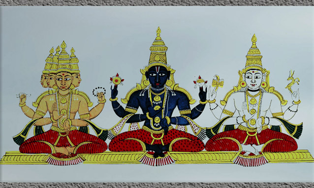 D'après Brahma, Vishnu et Shiva, manifestation de Purusha sous la forme de la Trimurti, gouache et aquarelle, 1780-1785, Tamil Nadu Karnataka, Inde ancienne. (Marsailly/Blogostelle)