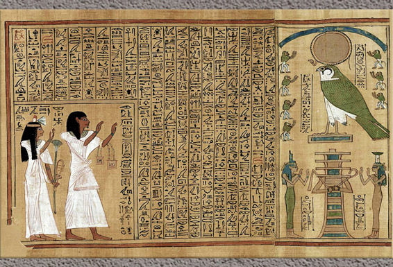 D’après l’Hymne à Osiris-pilier Djed et à Rê-Horakhty - faucon, papyrus funéraire du scribe royal Hounefer et de son épouse Nasha, XIXe dynastie, Nouvel Empire, Égypte Ancienne. (Marsailly/Blogostelle)