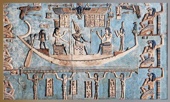 D’après la barque d’Osiris et Khépri-scarabée Soleil Renaissant, Dendéra, temple d’Hathor, époque Ptolémaïque, Égypte ancienne. (Marsailly/Blogostelle) 