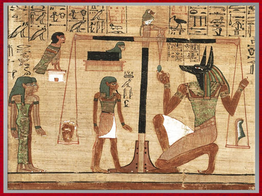 D’après la Pesée du cœur du défunt, sous l’égide de Thot Babouin et d’Anubis, tribunal d’Osiris, papyrus funéraire d'Ani, 1250 avjc, XIXe dynastie, Thèbes, Nouvel Empire, Égypte Ancienne. (Marsailly/Blogostelle) 