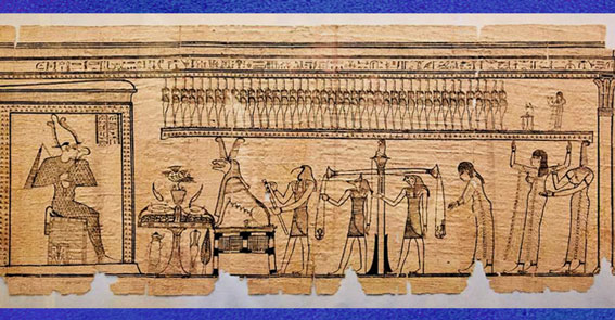 D’après la Pesée du cœur, Livre des Morts de Taruma, papyrus funéraire, XVIIIe dynastie, Thèbes, Nouvel Empire, Égypte Ancienne. (Marsailly/Blogostelle) 
