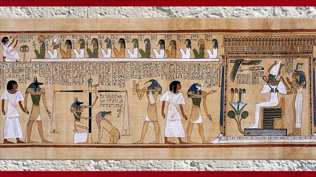 D'après  Anubis, Pesée du cœur, tribunal d'Osiris, papyrus du scribe royal Hounefer, Livre pour Sortir au Jour (dit Livre des Morts), XIXe dynastie, Nouvel Empire, Égypte ancienne. (Marsailly/Blogostelle)