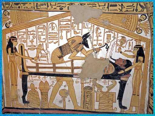 D’après Anubis, Isis et Nephtys, rituel de l’ouverture de la bouche, tombe de Nakhtamon, artisan de Deir el-Medineh, époque Ramsès II, Nouvel Empire, Égypte Ancienne. (Marsailly/Blogostelle)