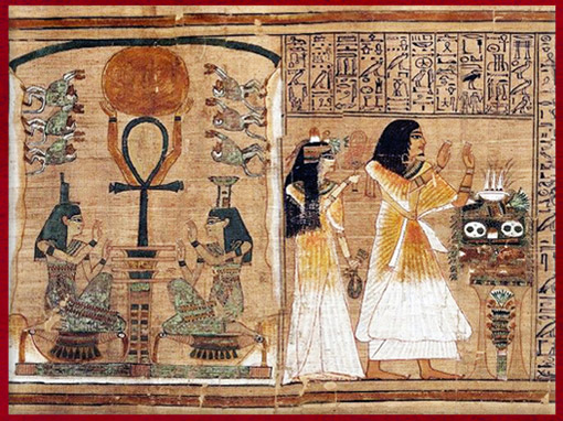 D’après Osiris-pilier Djed et renaissance du Soleil, Isis et Nephtys, défunt et table d’offrandes, papyrus funéraire d'Ani, 1250 avjc, XIXe dynastie, Thèbes, Nouvel Empire, Égypte Ancienne. (Marsailly/Blogostelle)
