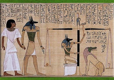 D’après Anubis guidant le défunt, Pesée du cœur, papyrus du scribe Hounefer, Livre pour Sortir au Jour (dit Livre des Morts), XIXe dynastie, Nouvel Empire, Égypte ancienne. (Marsailly/Blogostelle)