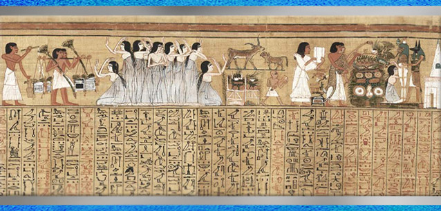 D’après le dieu Anubis et momie, offrandes, prêtre et pleureuses, papyrus funéraire d'Ani, 1250 avjc, XIXe dynastie, Thèbes, Nouvel Empire, Égypte Ancienne. (Marsailly/Blogostelle)