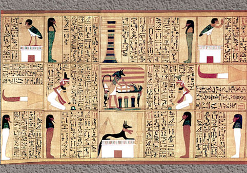 D’après Anubis, dieu embaumeur anthropomorphe et sous forme de canidé, Pilier Djed d’Osiris, Isis et Nephtys, papyrus d'Ani, 1250 avjc, XIXe dynastie, Thèbes, Nouvel Empire, Égypte ancienne. (Marsailly/Blogostelle)
