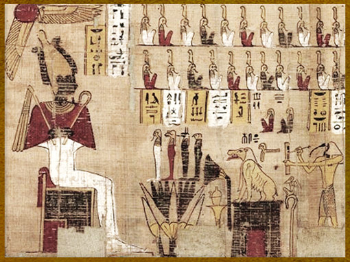 D’après Osiris et les quatre fils d’Horus, Livre pour Sortir au Jour de Padiamonnebnésouttaouy ou Papyrus Cadet, 332-30 avjc, époque Ptolémaïque, Égypte Ancienne. (Marsailly/Blogostelle) 