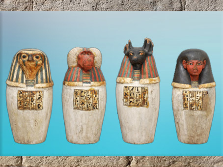 D'après les vases canopes (factices) de Padiouf, bois peint, 1090 - 663 avjc, Troisième période intermédiaire, Égypte Ancienne. (Marsailly/Blogostelle) 