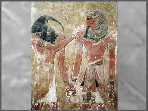 D'après le dieu Thot et le roi, relief peint, tombe de Seti Ier, XIXe dynastie, Vallée des rois, Thèbes, Nouvel Empire, Égypte ancienne. (Marsailly/Blogostelle)