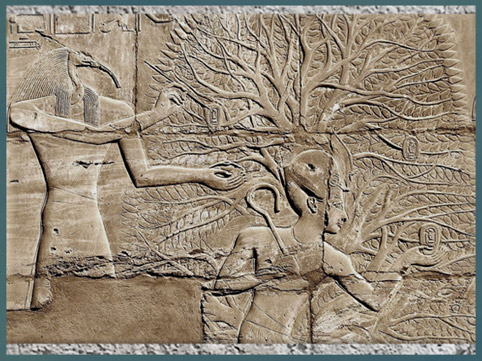 D’après le dieu Thot inscrivant le nom du roi Séthi Ier sur les feuilles de l'arbre sacré, relief, salle hypostyle, temple de Karnak, XIXe dynastie, Nouvel Empire, Égypte ancienne. (Marsailly/Blogostelle)