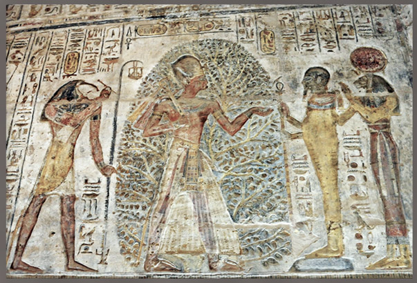 D’après Thôt inscrivant le nom de Ramsès II, arbre sacré, Ptah et Sekhmet, relief peint, temple de Derr, XIXe dynastie, Nubie, Nouvel Empire, Égypte ancienne. (Marsailly/Blogostelle)