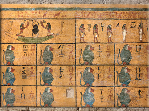 D’après le cycle des 12 heures symbolisées par des babouins, Khépri (Soleil Levant) dans la barque Mandjet, papyrus funéraire, tombe de Toutânkhamon, XVIIIe dynastie, Nouvel Empire, Égypte ancienne. (Marsailly/Blogostelle)