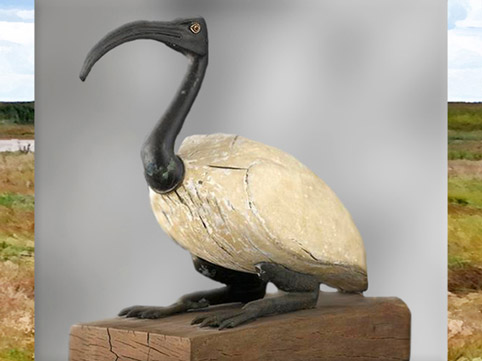 D’après Thot oiseau ibis, dieu zoomorphe, acacia, peinture et alliage cuivreux, 332 - 30 avjc, époque ptolémaïque, Égypte Ancienne. (Marsailly/Blogostelle)  