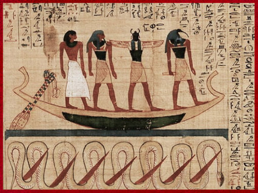 D’après Thot protégeant la barque solaire de Khépri, Soleil Levant, papyrus d'Imenemsaouf, 1069- 943 avjc, XXIe dynastie, région thébaine, Troisième période intermédiaire, Égypte Ancienne. (Marsailly/Blogostelle) 