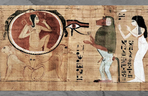 D’après Thot babouin et l'enfant solaire, disque ouroboros, Livre des morts de Her-weben-khet ou Heruben, 1090- 945 avjc, XXIe dynastie, Troisième période intermédiaire, Égypte ancienne. (Marsailly/Blogostelle) 