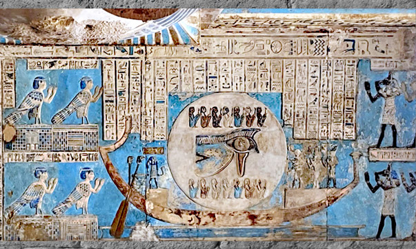 D’après le cycle lunaire, 14 déités et nouvelle Lune, relief peint, temple d’Hathor, Dendérah, époque ptolémaïque, Égypte ancienne. (Marsailly/Blogostelle)