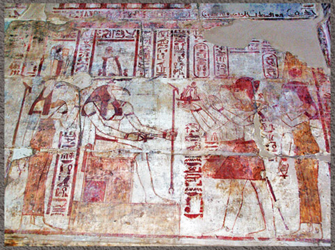 D’après le dieu Thot recevant des offrandes, relief peint, temple de Qasr el-Agoûz, Médinet Habou, règne Ptolémée VIII Évergète II, époque Ptolémaïque, Égypte Ancienne. (Marsailly/Blogostelle)