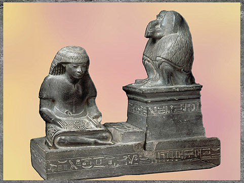 D’après le scribe royal et archiviste Nebmeroutef inspiré par Thot babouin, stéatite, 1390-1352 avjc, règne Aménophis III, XVIIIe dynastie, Nouvel Empire, Égypte ancienne. (Marsailly/Blogostelle)
